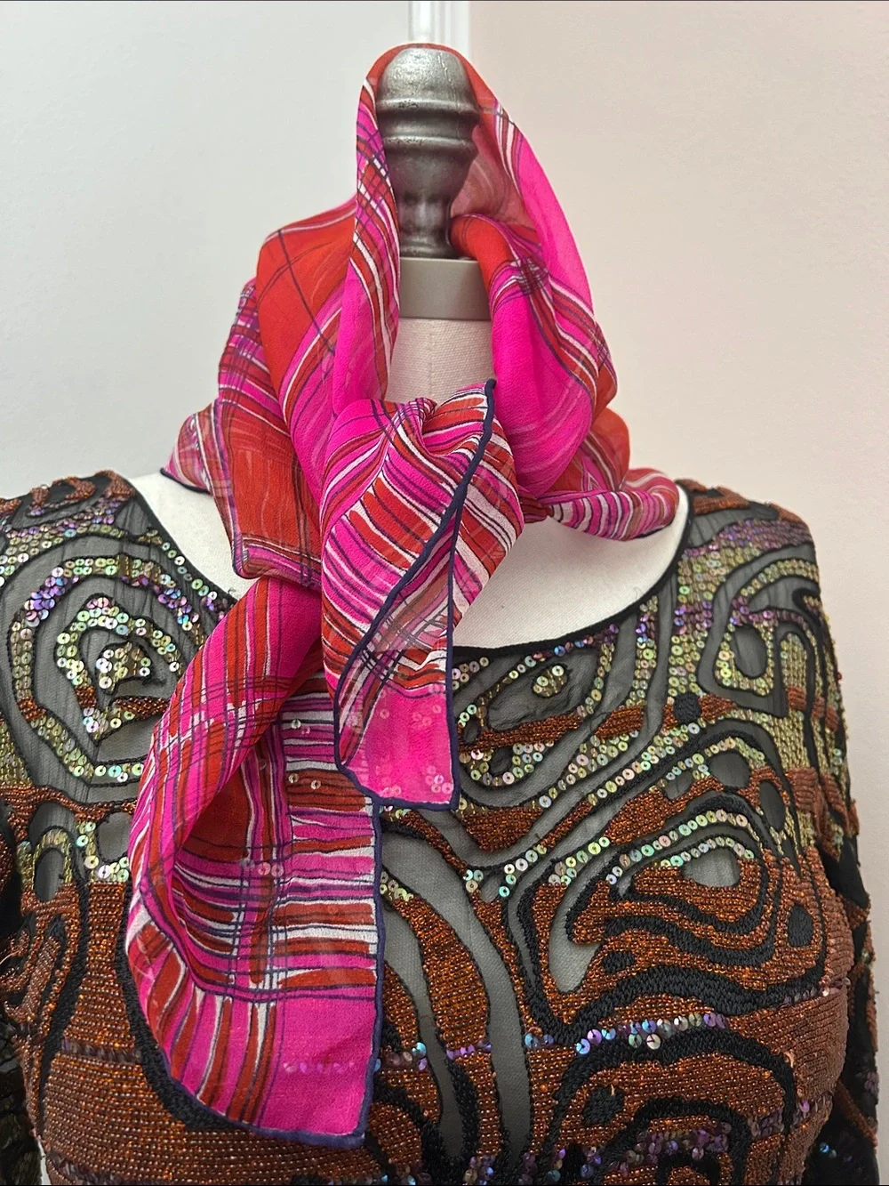 Ugna silk chiffon Vibrant Pink & red Plaid Square Scarf printed look rolled hem